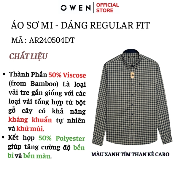 Áo Sơ Mi Nam Tay Dài Owen AR240504DT màu xanh tím than kẻ caro dáng suông regular fit tà lượn có túi chất liệu bambo poly
