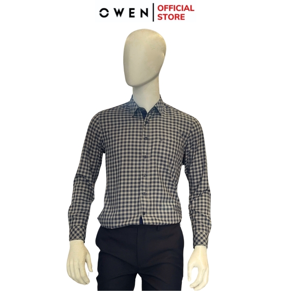 Áo Sơ Mi Nam Tay Dài Owen AR240504DT màu xanh tím than kẻ caro dáng suông regular fit tà lượn có túi chất liệu bambo poly