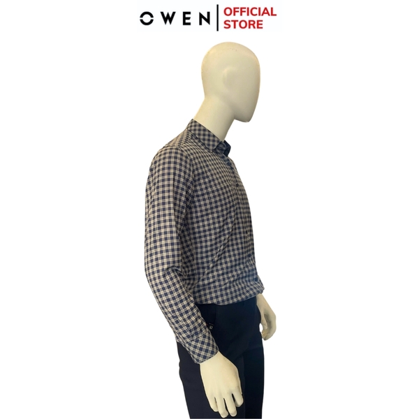 Áo Sơ Mi Nam Tay Dài Owen AR240504DT màu xanh tím than kẻ caro dáng suông regular fit tà lượn có túi chất liệu bambo poly