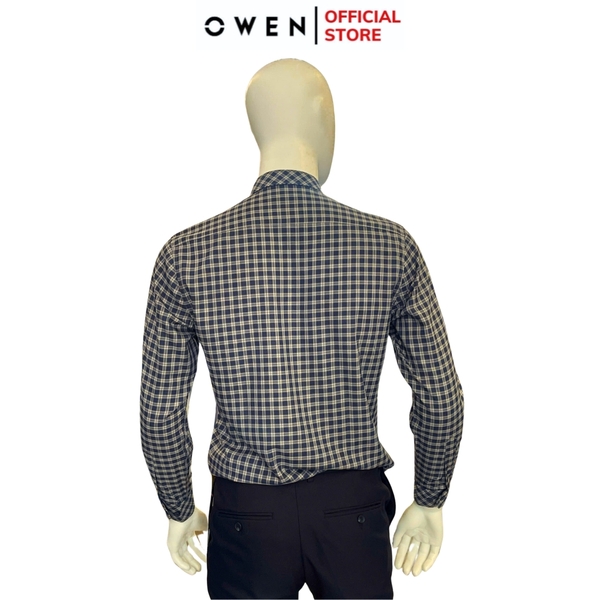 Áo Sơ Mi Nam Tay Dài Owen AR240504DT màu xanh tím than kẻ caro dáng suông regular fit tà lượn có túi chất liệu bambo poly