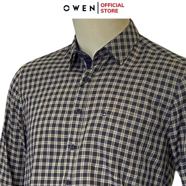 Áo Sơ Mi Nam Tay Dài Owen AR240504DT màu xanh tím than kẻ caro dáng suông regular fit tà lượn có túi chất liệu bambo poly