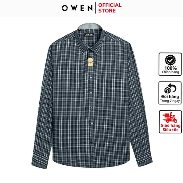 Áo Sơ Mi Nam Tay Dài Owen AR240507DT màu xanh than kẻ sọc  dáng suông regular fit tà lượn có túi chất liệu Bamboo poly