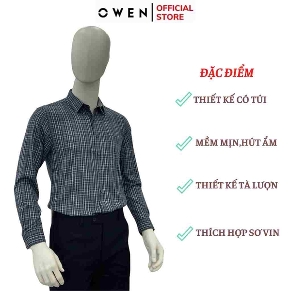 Áo Sơ Mi Nam Tay Dài Owen AR240507DT màu xanh than kẻ sọc  dáng suông regular fit tà lượn có túi chất liệu Bamboo poly