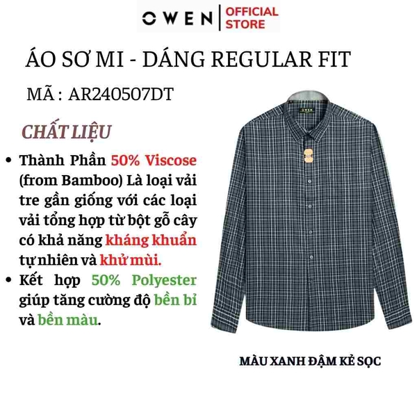 Áo Sơ Mi Nam Tay Dài Owen AR240507DT màu xanh than kẻ sọc  dáng suông regular fit tà lượn có túi chất liệu Bamboo poly