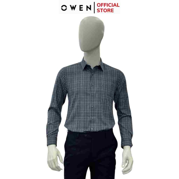 Áo Sơ Mi Nam Tay Dài Owen AR240507DT màu xanh than kẻ sọc  dáng suông regular fit tà lượn có túi chất liệu Bamboo poly
