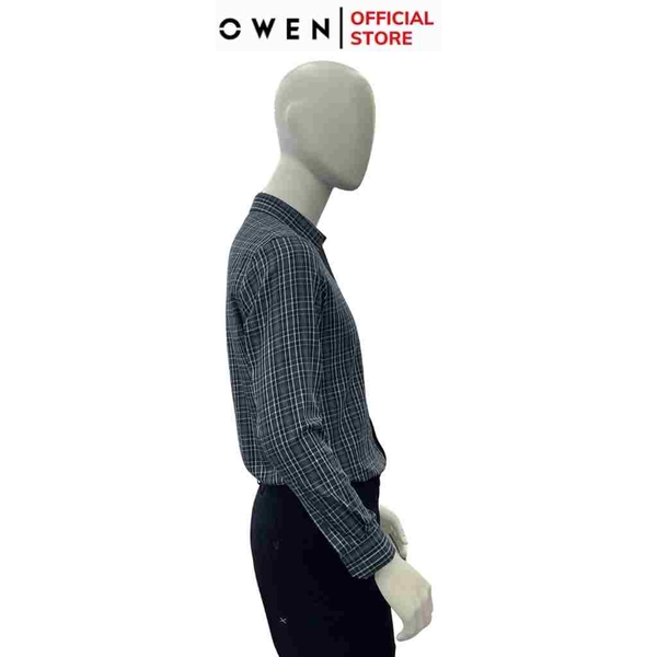 Áo Sơ Mi Nam Tay Dài Owen AR240507DT màu xanh than kẻ sọc  dáng suông regular fit tà lượn có túi chất liệu Bamboo poly