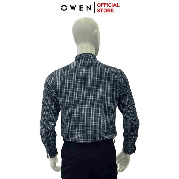 Áo Sơ Mi Nam Tay Dài Owen AR240507DT màu xanh than kẻ sọc  dáng suông regular fit tà lượn có túi chất liệu Bamboo poly