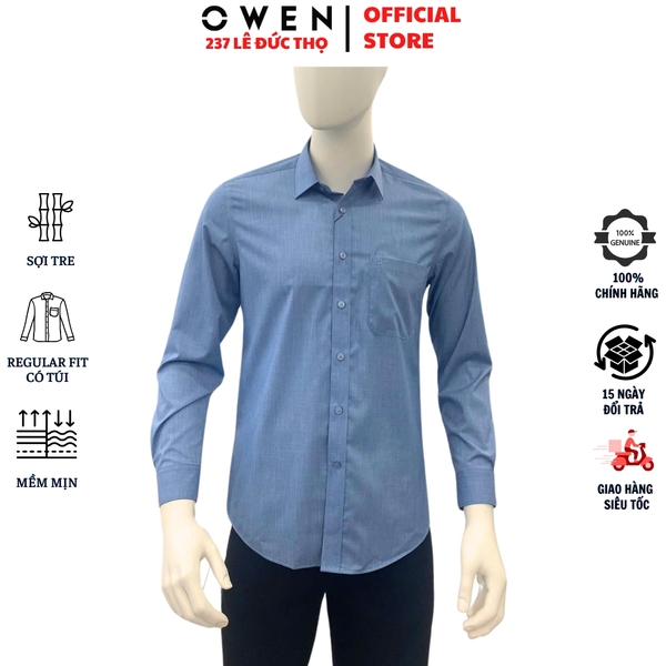 Áo Sơ Mi Nam Tay Dài Owen AR240605DT màu xanh dương đậm dáng suông regular fit tà lượn có túi chất liệu bamboo poly