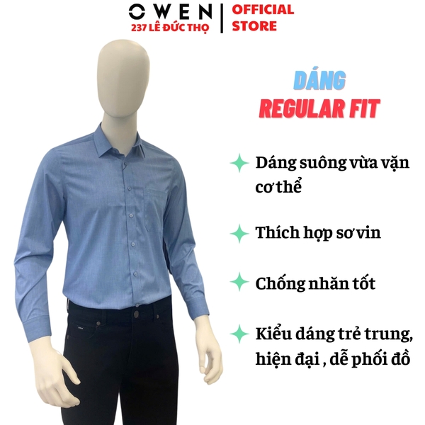 Áo Sơ Mi Nam Tay Dài Owen AR240605DT màu xanh dương đậm dáng suông regular fit tà lượn có túi chất liệu bamboo poly