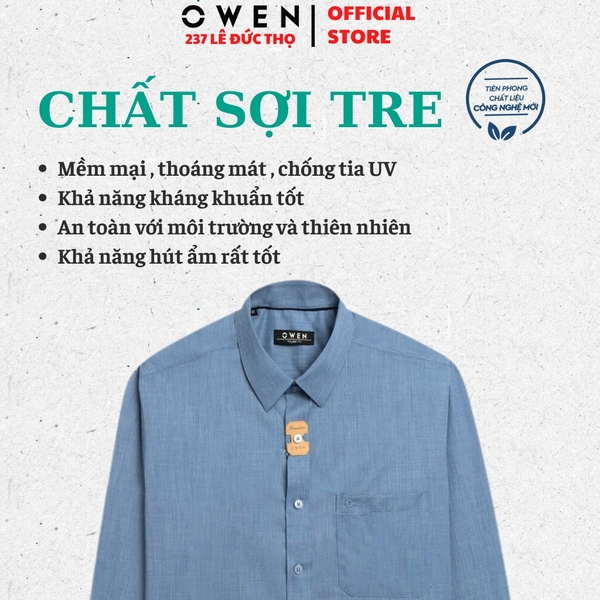 Áo Sơ Mi Nam Tay Dài Owen AR240605DT màu xanh dương đậm dáng suông regular fit tà lượn có túi chất liệu bamboo poly