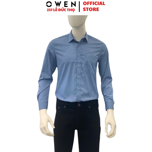 Áo Sơ Mi Nam Tay Dài Owen AR240605DT màu xanh dương đậm dáng suông regular fit tà lượn có túi chất liệu bamboo poly