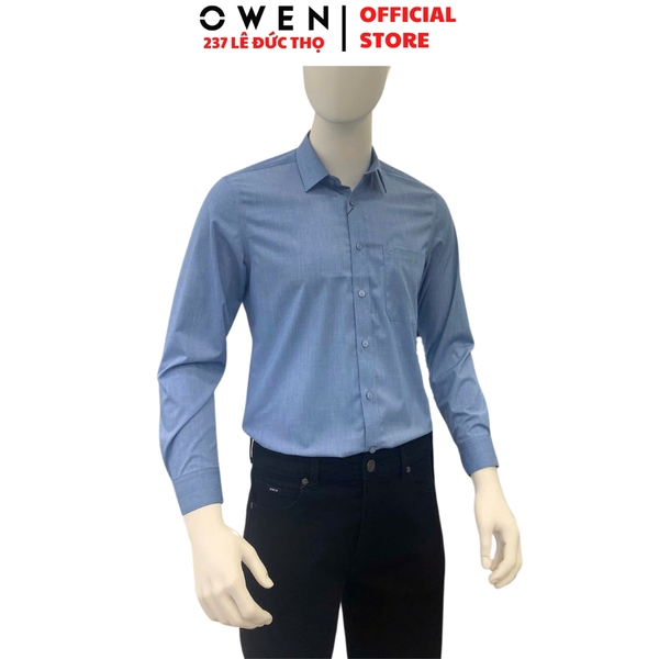 Áo Sơ Mi Nam Tay Dài Owen AR240605DT màu xanh dương đậm dáng suông regular fit tà lượn có túi chất liệu bamboo poly