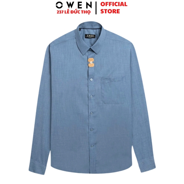 Áo Sơ Mi Nam Tay Dài Owen AR240605DT màu xanh dương đậm dáng suông regular fit tà lượn có túi chất liệu bamboo poly