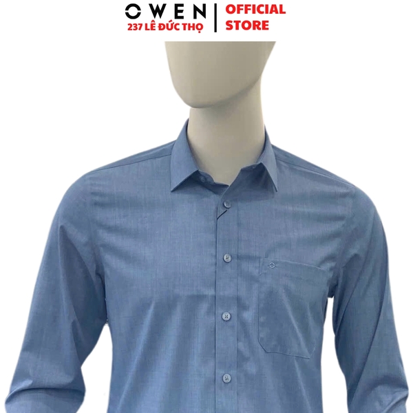 Áo Sơ Mi Nam Tay Dài Owen AR240605DT màu xanh dương đậm dáng suông regular fit tà lượn có túi chất liệu bamboo poly