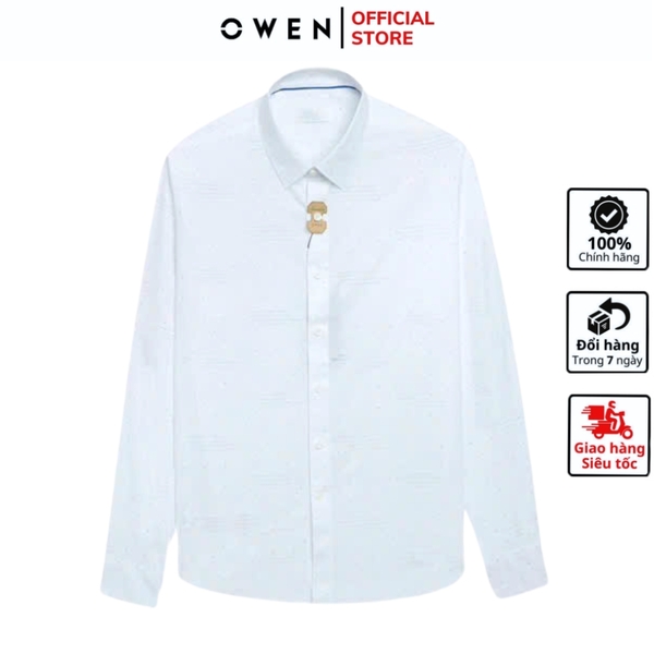 Áo Sơ Mi Nam Tay Dài Owen AR240716D màu trắng họa tiết tam giác nhí dáng suông regular fit tà lượn có túi chất liệu Spandex