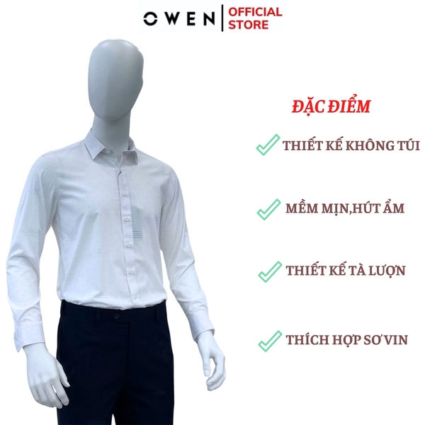 Áo Sơ Mi Nam Tay Dài Owen AR240716D màu trắng họa tiết tam giác nhí dáng suông regular fit tà lượn có túi chất liệu Spandex