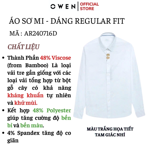 Áo Sơ Mi Nam Tay Dài Owen AR240716D màu trắng họa tiết tam giác nhí dáng suông regular fit tà lượn có túi chất liệu Spandex
