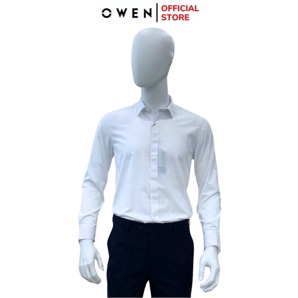 Áo Sơ Mi Nam Tay Dài Owen AR240716D màu trắng họa tiết tam giác nhí dáng suông regular fit tà lượn có túi chất liệu Spandex