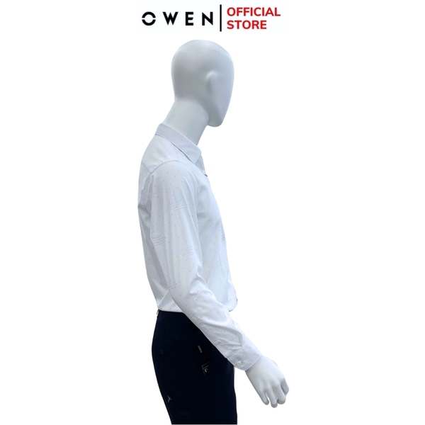 Áo Sơ Mi Nam Tay Dài Owen AR240716D màu trắng họa tiết tam giác nhí dáng suông regular fit tà lượn có túi chất liệu Spandex