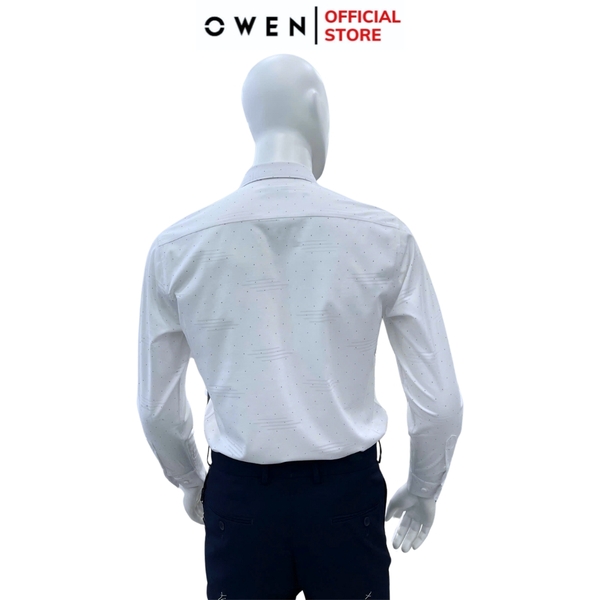Áo Sơ Mi Nam Tay Dài Owen AR240716D màu trắng họa tiết tam giác nhí dáng suông regular fit tà lượn có túi chất liệu Spandex