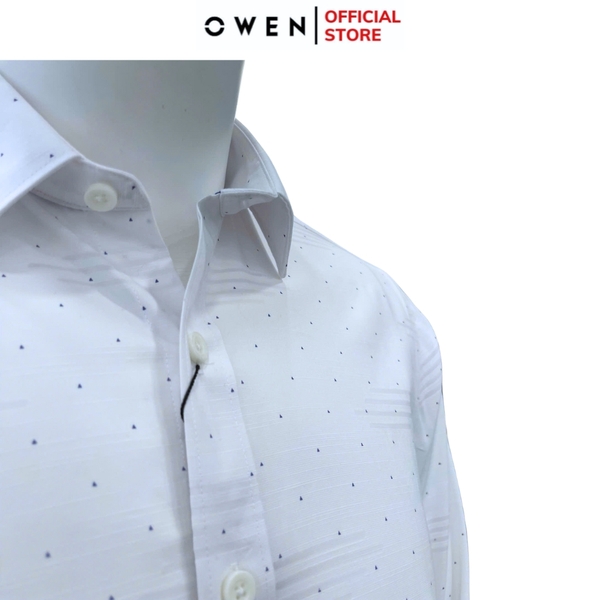 Áo Sơ Mi Nam Tay Dài Owen AR240716D màu trắng họa tiết tam giác nhí dáng suông regular fit tà lượn có túi chất liệu Spandex