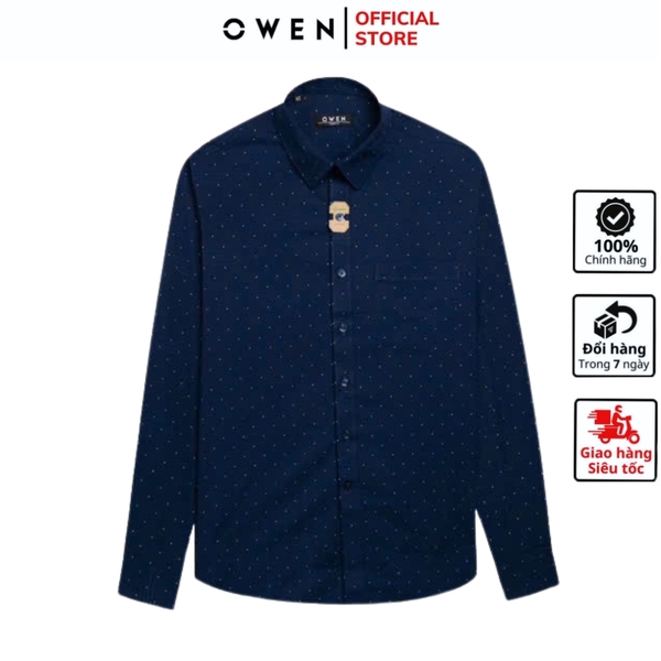 Áo Sơ Mi Nam Tay Dài Owen AR240721DT màu xanh tím than họa tiết tam giác nhí dáng suông regular fit tà lượn có túi chất liệu Spandex