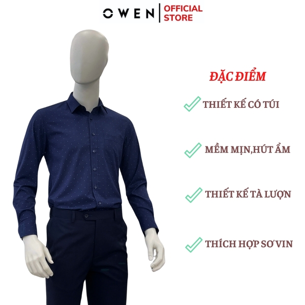 Áo Sơ Mi Nam Tay Dài Owen AR240721DT màu xanh tím than họa tiết tam giác nhí dáng suông regular fit tà lượn có túi chất liệu Spandex