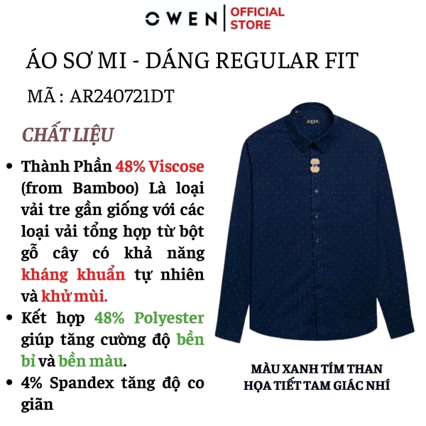 Áo Sơ Mi Nam Tay Dài Owen AR240721DT màu xanh tím than họa tiết tam giác nhí dáng suông regular fit tà lượn có túi chất liệu Spandex
