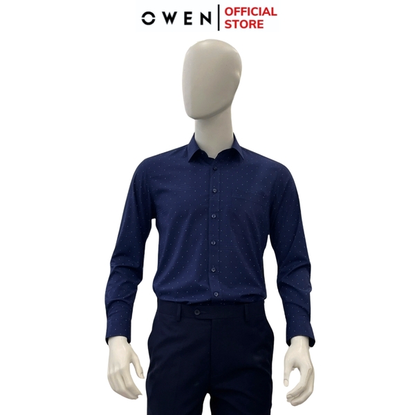 Áo Sơ Mi Nam Tay Dài Owen AR240721DT màu xanh tím than họa tiết tam giác nhí dáng suông regular fit tà lượn có túi chất liệu Spandex