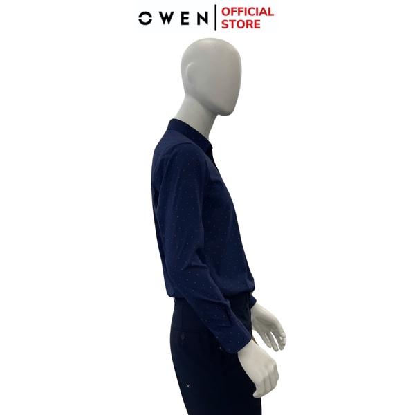 Áo Sơ Mi Nam Tay Dài Owen AR240721DT màu xanh tím than họa tiết tam giác nhí dáng suông regular fit tà lượn có túi chất liệu Spandex