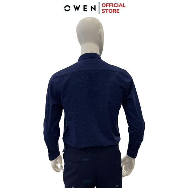 Áo Sơ Mi Nam Tay Dài Owen AR240721DT màu xanh tím than họa tiết tam giác nhí dáng suông regular fit tà lượn có túi chất liệu Spandex