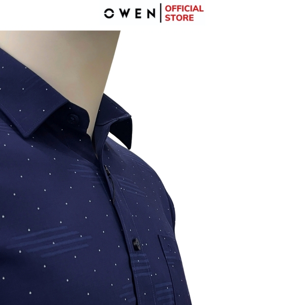 Áo Sơ Mi Nam Tay Dài Owen AR240721DT màu xanh tím than họa tiết tam giác nhí dáng suông regular fit tà lượn có túi chất liệu Spandex