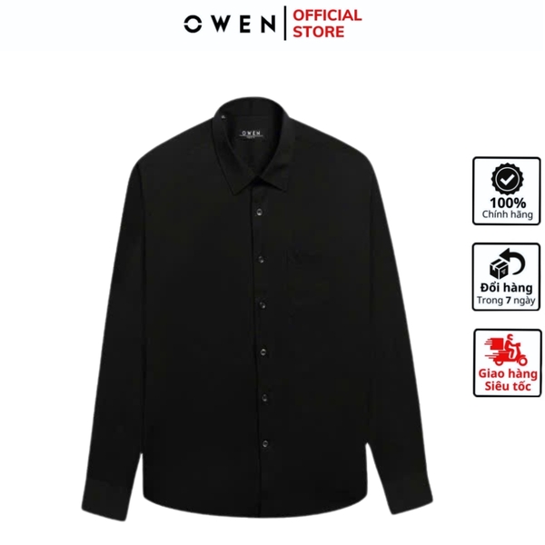 Áo sơ mi nam tay ngắn Owen AR250010DT màu đen dáng suông regular fit tà lượn có túi chất liệu Modal