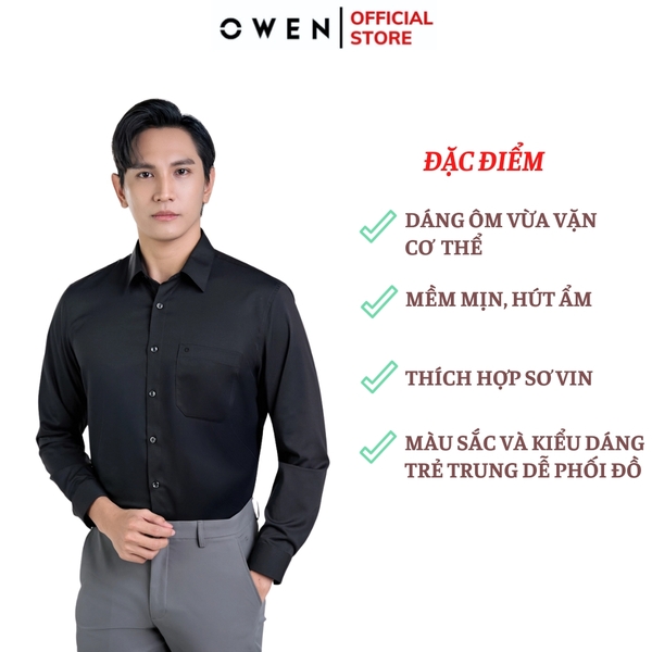 Áo sơ mi nam tay ngắn Owen AR250010DT màu đen dáng suông regular fit tà lượn có túi chất liệu Modal