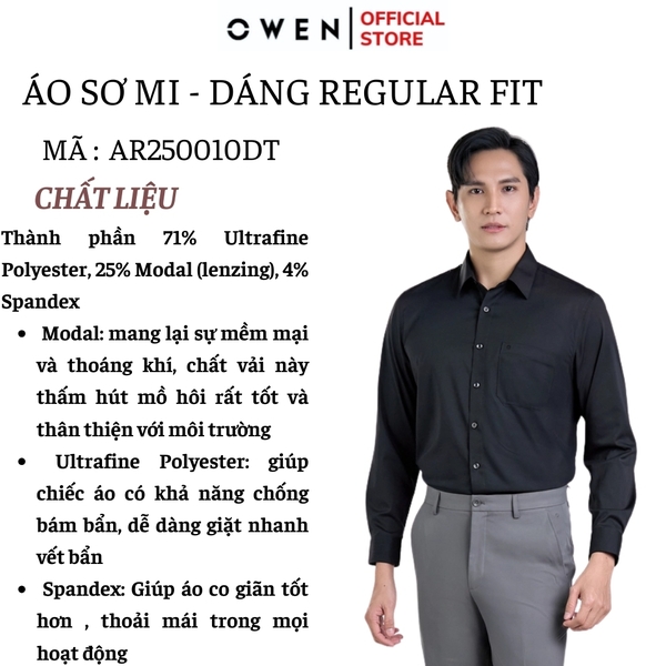 Áo sơ mi nam tay ngắn Owen AR250010DT màu đen dáng suông regular fit tà lượn có túi chất liệu Modal