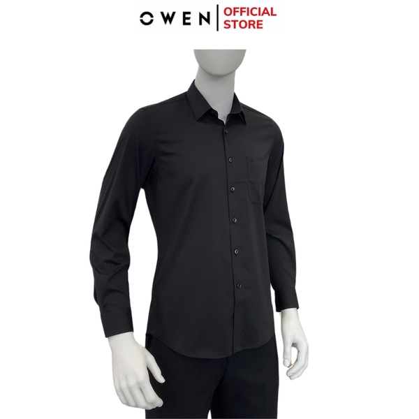 Áo sơ mi nam tay ngắn Owen AR250010DT màu đen dáng suông regular fit tà lượn có túi chất liệu Modal
