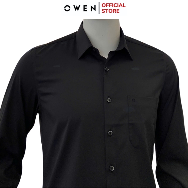Áo sơ mi nam tay ngắn Owen AR250010DT màu đen dáng suông regular fit tà lượn có túi chất liệu Modal