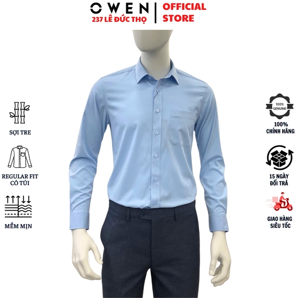 Áo Sơ Mi Nam Tay Dài Owen AR250019DT màu xanh dương dáng suông regular fit tà lượng có túi Chất liệu Bambo poly