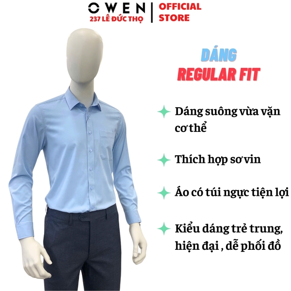 Áo Sơ Mi Nam Tay Dài Owen AR250019DT màu xanh dương dáng suông regular fit tà lượng có túi Chất liệu Bambo poly