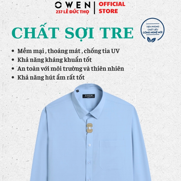 Áo Sơ Mi Nam Tay Dài Owen AR250019DT màu xanh dương dáng suông regular fit tà lượng có túi Chất liệu Bambo poly