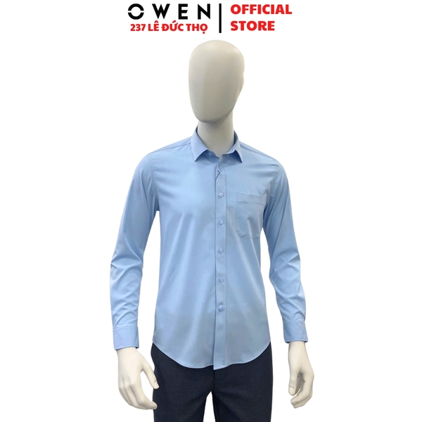 Áo Sơ Mi Nam Tay Dài Owen AR250019DT màu xanh dương dáng suông regular fit tà lượng có túi Chất liệu Bambo poly