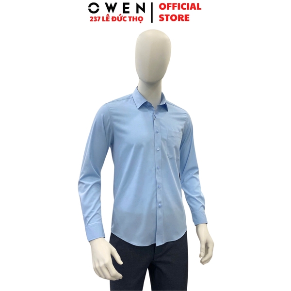 Áo Sơ Mi Nam Tay Dài Owen AR250019DT màu xanh dương dáng suông regular fit tà lượng có túi Chất liệu Bambo poly
