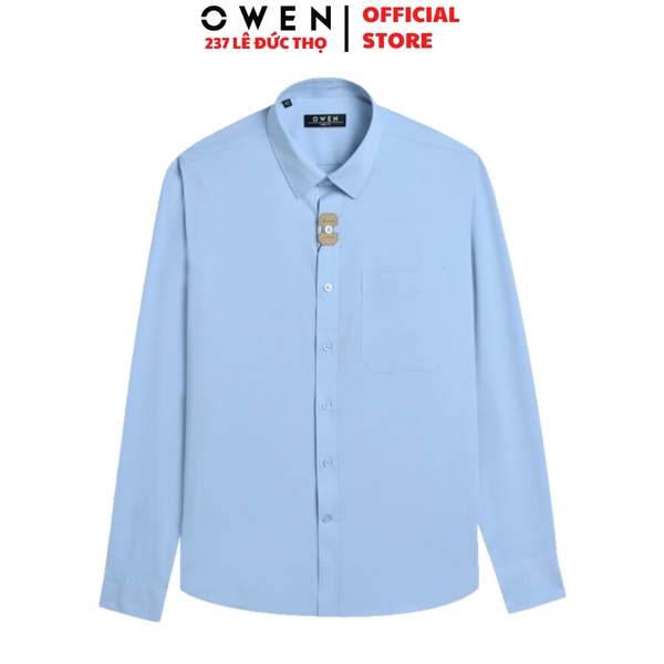 Áo Sơ Mi Nam Tay Dài Owen AR250019DT màu xanh dương dáng suông regular fit tà lượng có túi Chất liệu Bambo poly