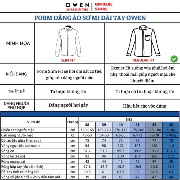 Áo Sơ Mi Nam Tay Dài Owen AR250019DT màu xanh dương dáng suông regular fit tà lượng có túi Chất liệu Bambo poly