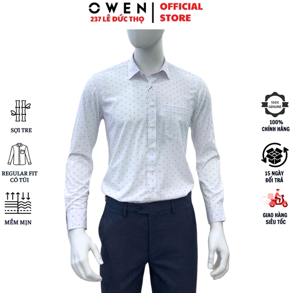 Áo Sơ Mi Nam Tay Dài Owen AR250027DT màu trắng chấm bi dáng suông regular fit tà lượng có túi Chất liệu Bambo poly