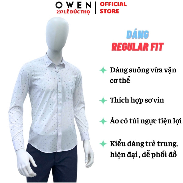 Áo Sơ Mi Nam Tay Dài Owen AR250027DT màu trắng chấm bi dáng suông regular fit tà lượng có túi Chất liệu Bambo poly