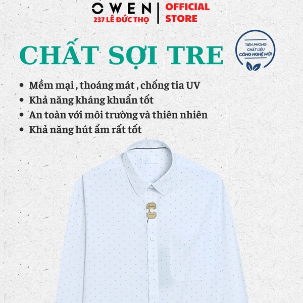 Áo Sơ Mi Nam Tay Dài Owen AR250027DT màu trắng chấm bi dáng suông regular fit tà lượng có túi Chất liệu Bambo poly