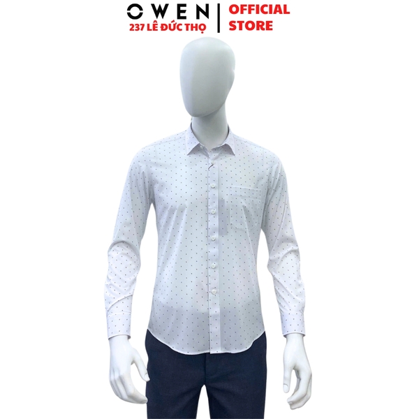 Áo Sơ Mi Nam Tay Dài Owen AR250027DT màu trắng chấm bi dáng suông regular fit tà lượng có túi Chất liệu Bambo poly