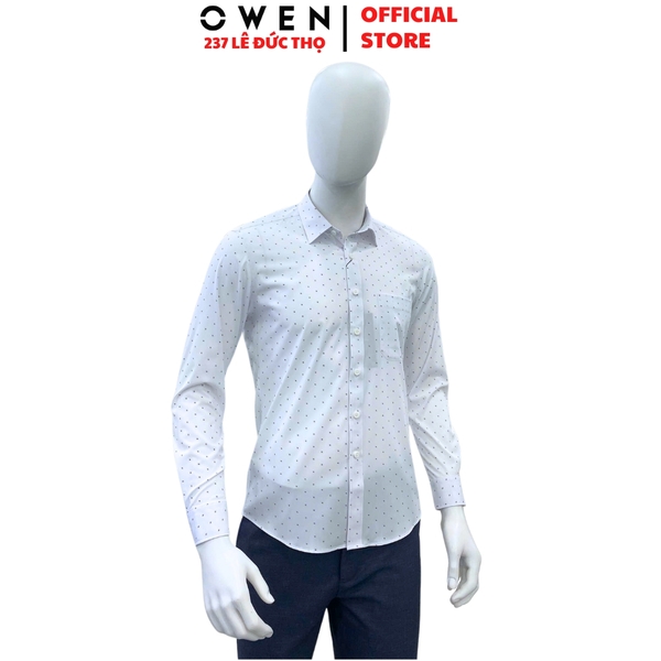 Áo Sơ Mi Nam Tay Dài Owen AR250027DT màu trắng chấm bi dáng suông regular fit tà lượng có túi Chất liệu Bambo poly