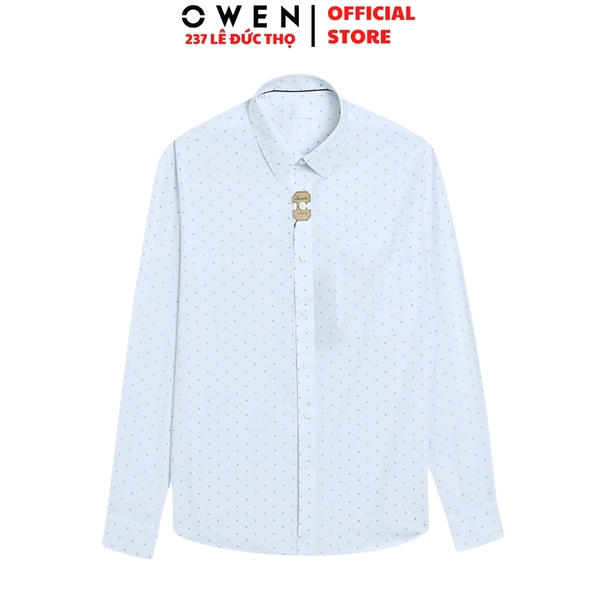 Áo Sơ Mi Nam Tay Dài Owen AR250027DT màu trắng chấm bi dáng suông regular fit tà lượng có túi Chất liệu Bambo poly